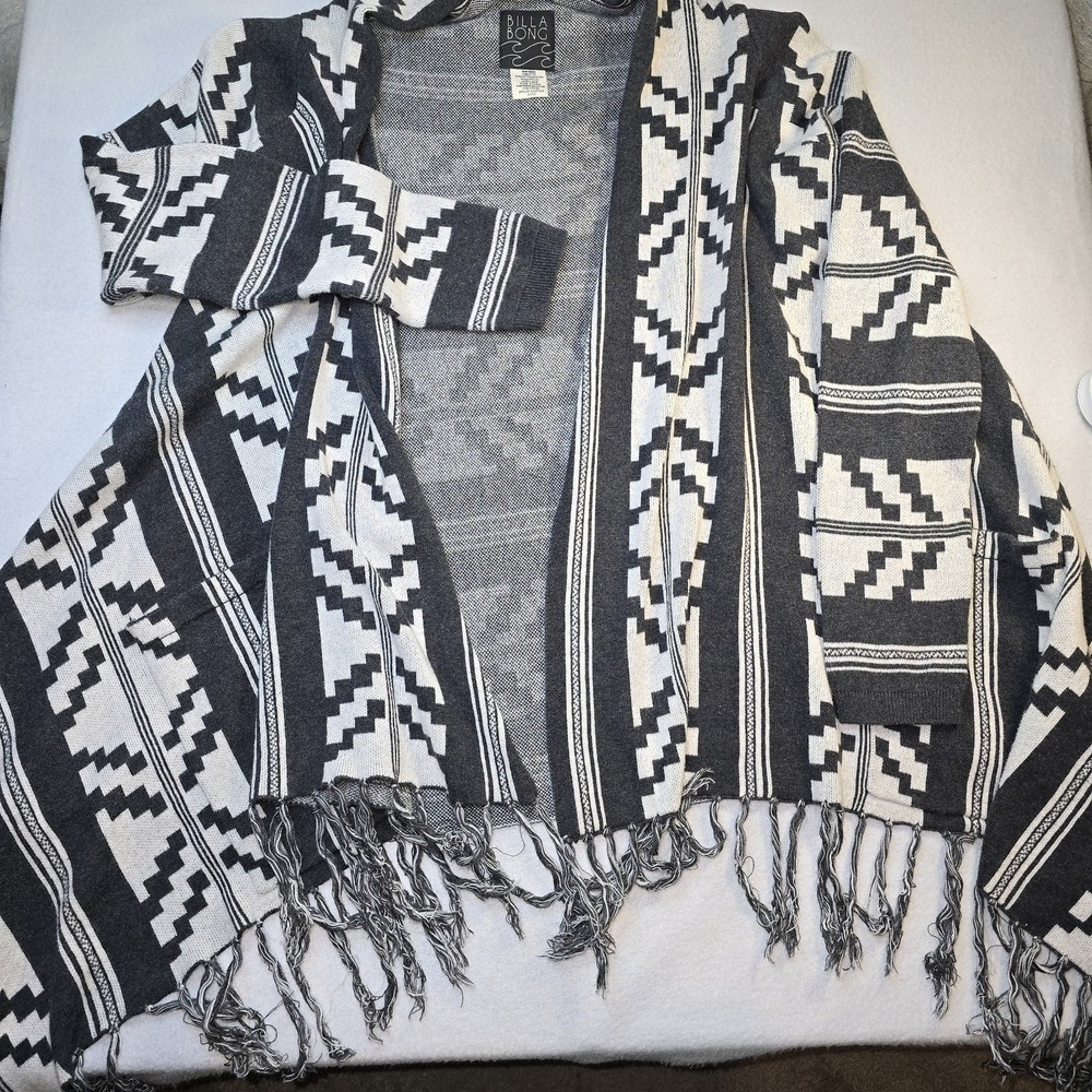 Billabong Boho Western Cardigan Sweater Small‎ Gray Aztec Tribal Print Fringe XL